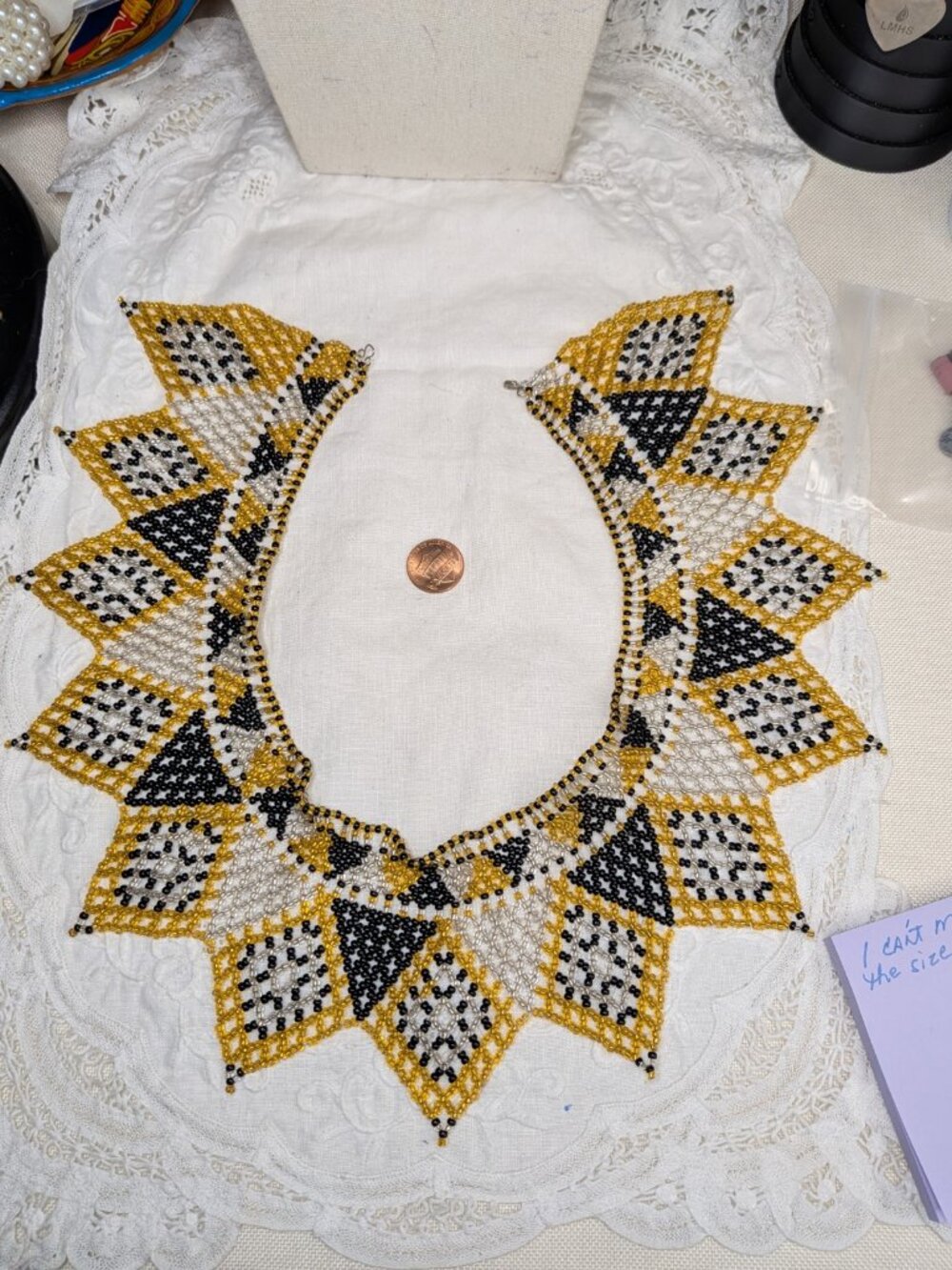 Handwoven Gold, Black & Silver Beaded Collar Necklace  Geometric Statement Piece